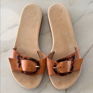 Ancient Greek Sandals Tan Slide Sandals with Tortoiseshell Accent